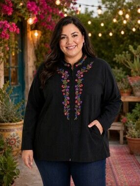 Notations Women Floral Colorful Embroidered Black Jacket Plus Size 2XL* Softboho